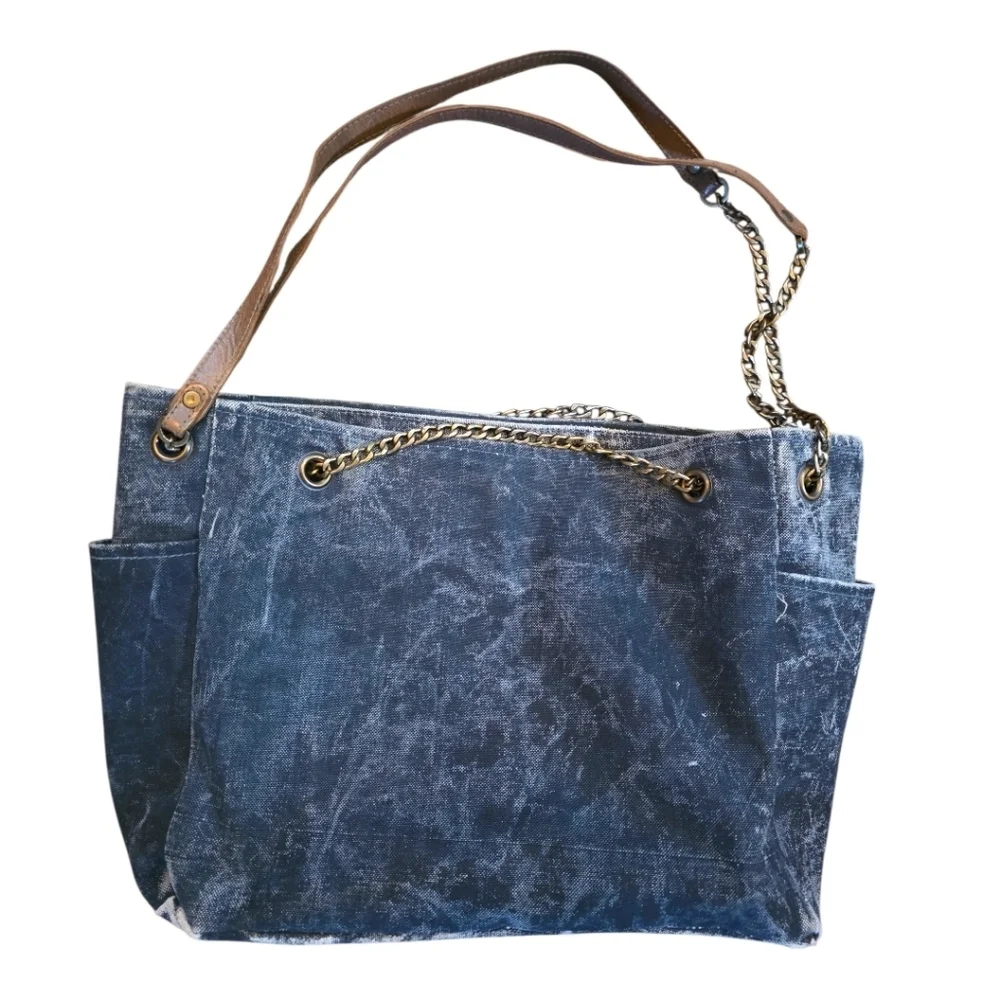 Mona B Upcycled Canvas Tote Bag Denim Leather Chain Strap Boho Shoulder Bag